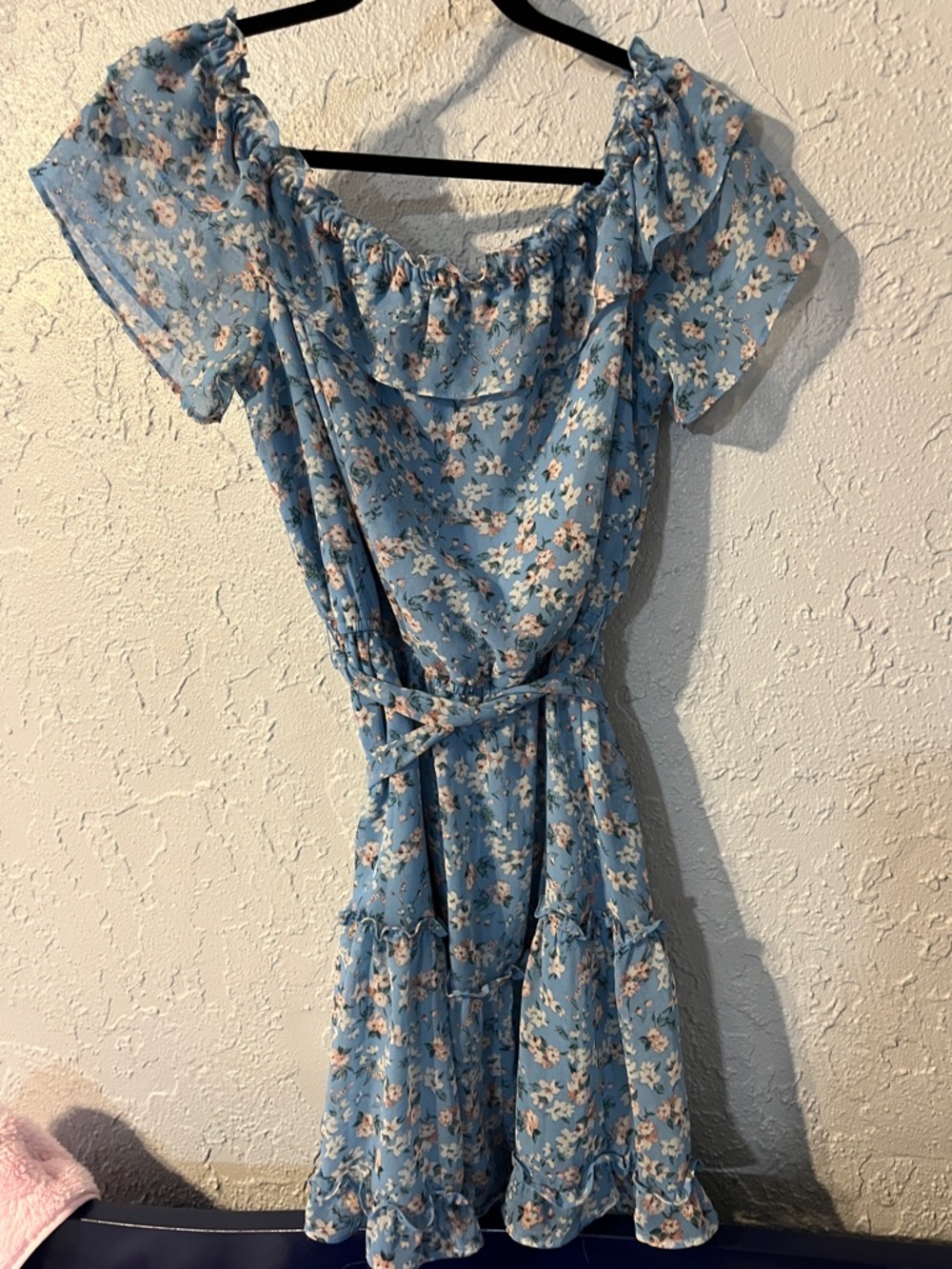 BeBop Boutique Light Blue Floral Spring Ruffle Tie-Waist Mini Dress - Picture 4 of 4